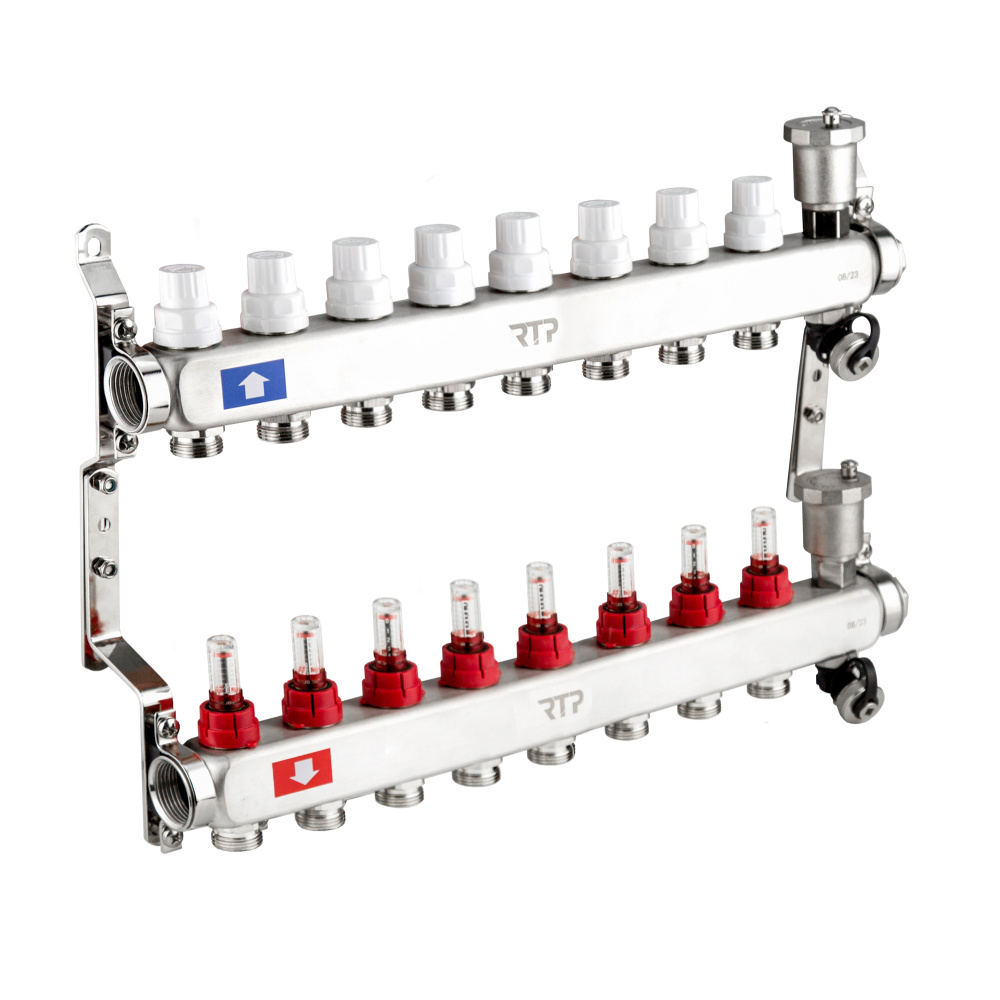 Фотография Коллекторная группа с регулирующими клапанами, расходомерами, воздухоотводчиками, обратными и дренажными клапанами, кронштейном (евроконус 3/4") нержавеющая сталь SUS 304 1"х 8 выходов, RTP