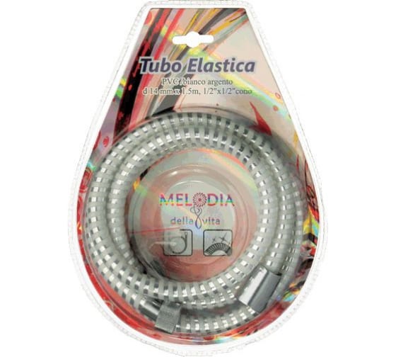Фотография Шланг для душа MELODIA 1/2х1/2 конус д14мм*150см Tubo Elastica MS-10 белое серебро блистер