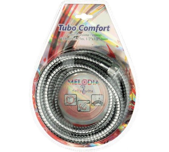 Фотография Шланг для душа MELODIA 1/2х1/2 конус НЕРЖ д14мм*175см дв.зажим Tubo Comfort MS-04 защ.от перекр.блис