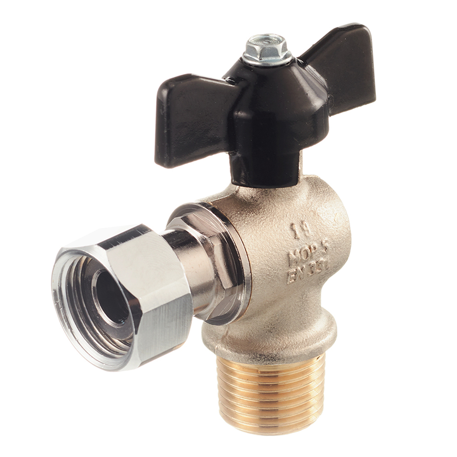 Фотография Кран шаровой с накидной гайкой УГЛОВОЙ НР 1/2" STOUT