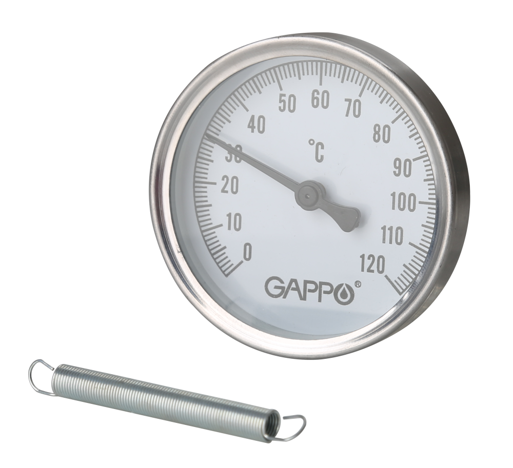 Фотография Термометр биметаллический 63 мм 0-120°C 1/2" GAPPO (накладной с пружиной) /50/5 шт.уп/