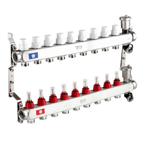 Коллекторная группа с регулирующими клапанами, расходомерами, воздухоотводчиками, обратными и дренажными клапанами, кронштейном (евроконус 3/4") нержавеющая сталь SUS 304 1"х 9 выходов, RTP