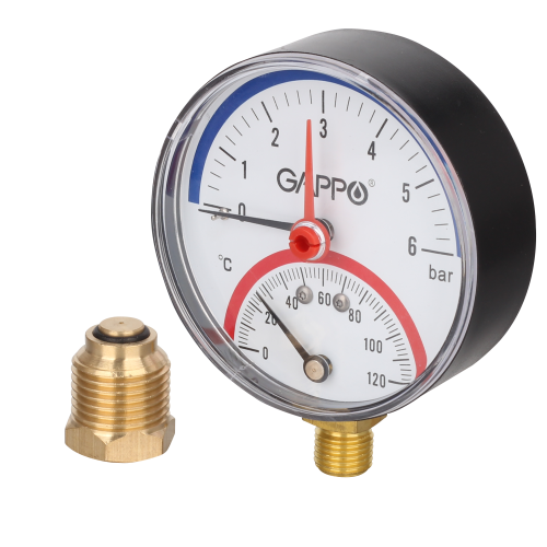 Термоманометр радиальный 80 мм 6 бар 0-120°C 1/2" GAPPO (с автомат. запорным клапаном) /60/5 шт.уп/ Термоманометр радиальный 80 мм 6 бар 0-120°C 1/2" GAPPO (с автомат. запорным клапаном) /60/5 шт.уп/