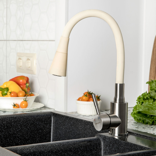 Смеситель кухня из нерж. ст. с гибким изливом с конической насадкой, бежевый VOLMAX