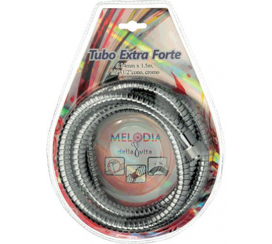 Фотография Шланг для душа MELODIA 1/2х1/2 конус НЕРЖ д14мм*150см дв.зажим Tubo Delux MS-03 растяг. блистер