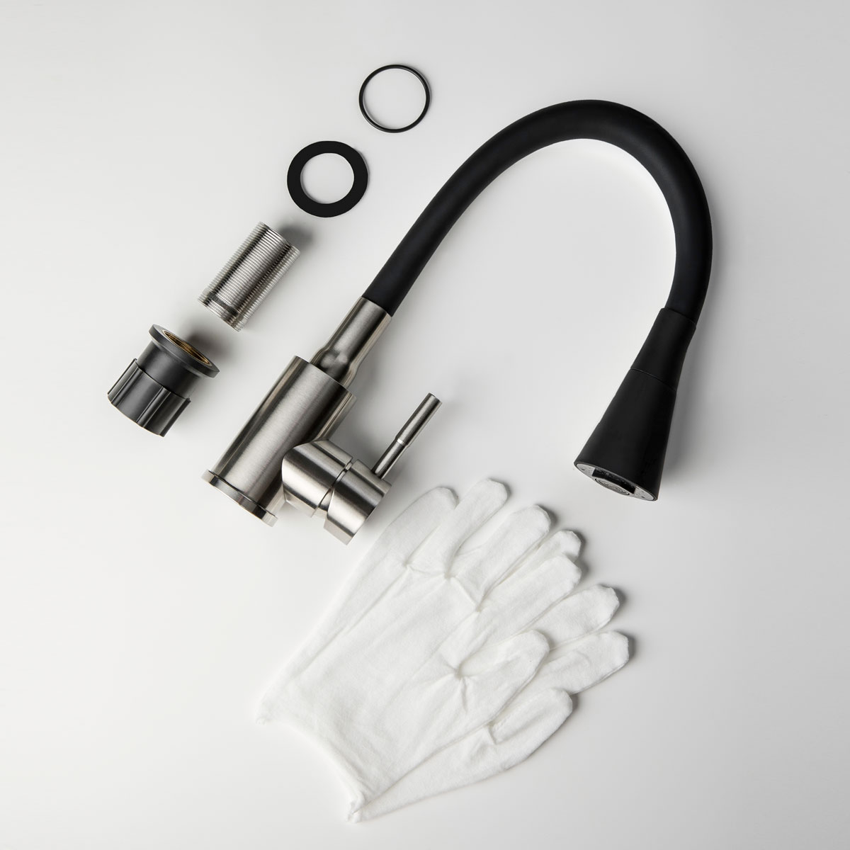 Фотография Смеситель кухня из нерж. ст. с гибким изливом с конической насадкой, черный VOLMAX