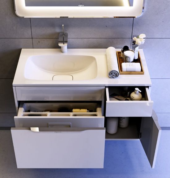 Фотография Тумба подвесная Malaga 900 подвесная левая+ с раковиной Malaga левая цвет белый AQWELLA				