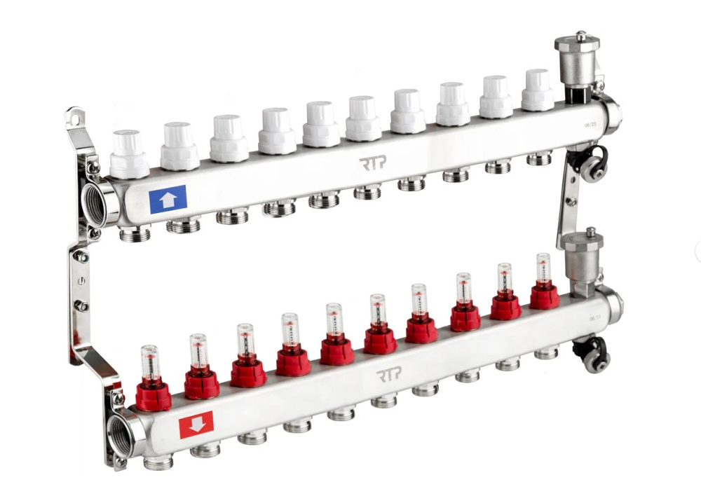 Фотография Коллекторная группа с регулирующими клапанами, расходомерами, воздухоотводчиками, обратными и дренажными клапанами, кронштейном (евроконус 3/4") нержавеющая сталь SUS 304 1"х 10 выходов, RTP