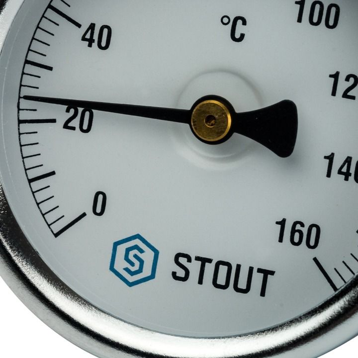 Фотография STOUT Термометр биметаллический Dn 63 мм,гильза 50 мм 160* Фотография STOUT Термометр биметаллический Dn 63 мм,гильза 50 мм 160*