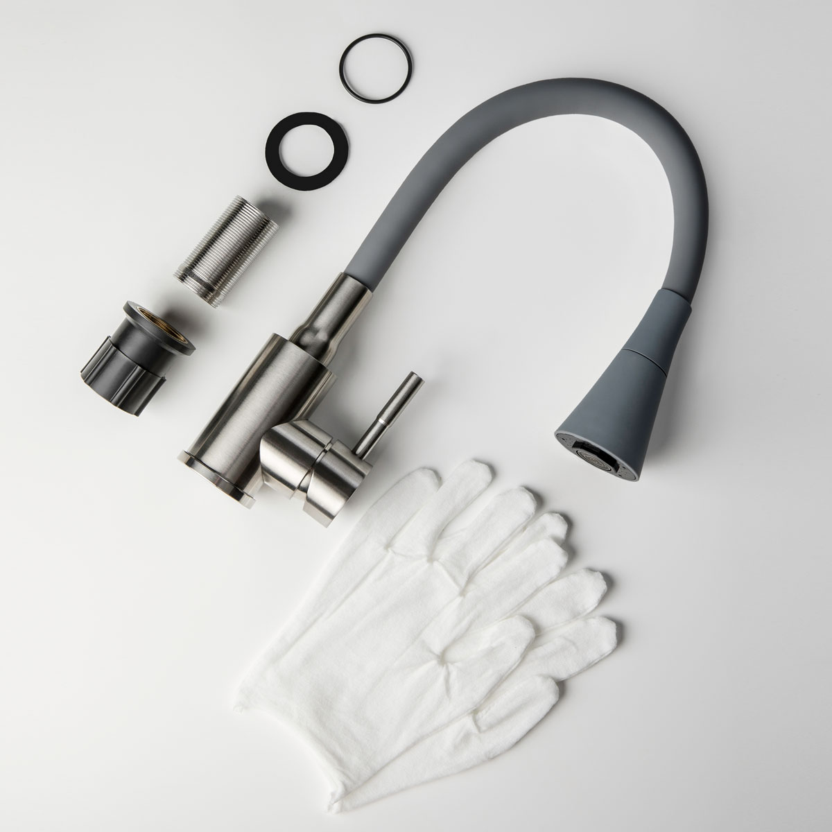 Фотография Смеситель кухня из нерж. ст. с гибким изливом с конической насадкой, серый VOLMAX