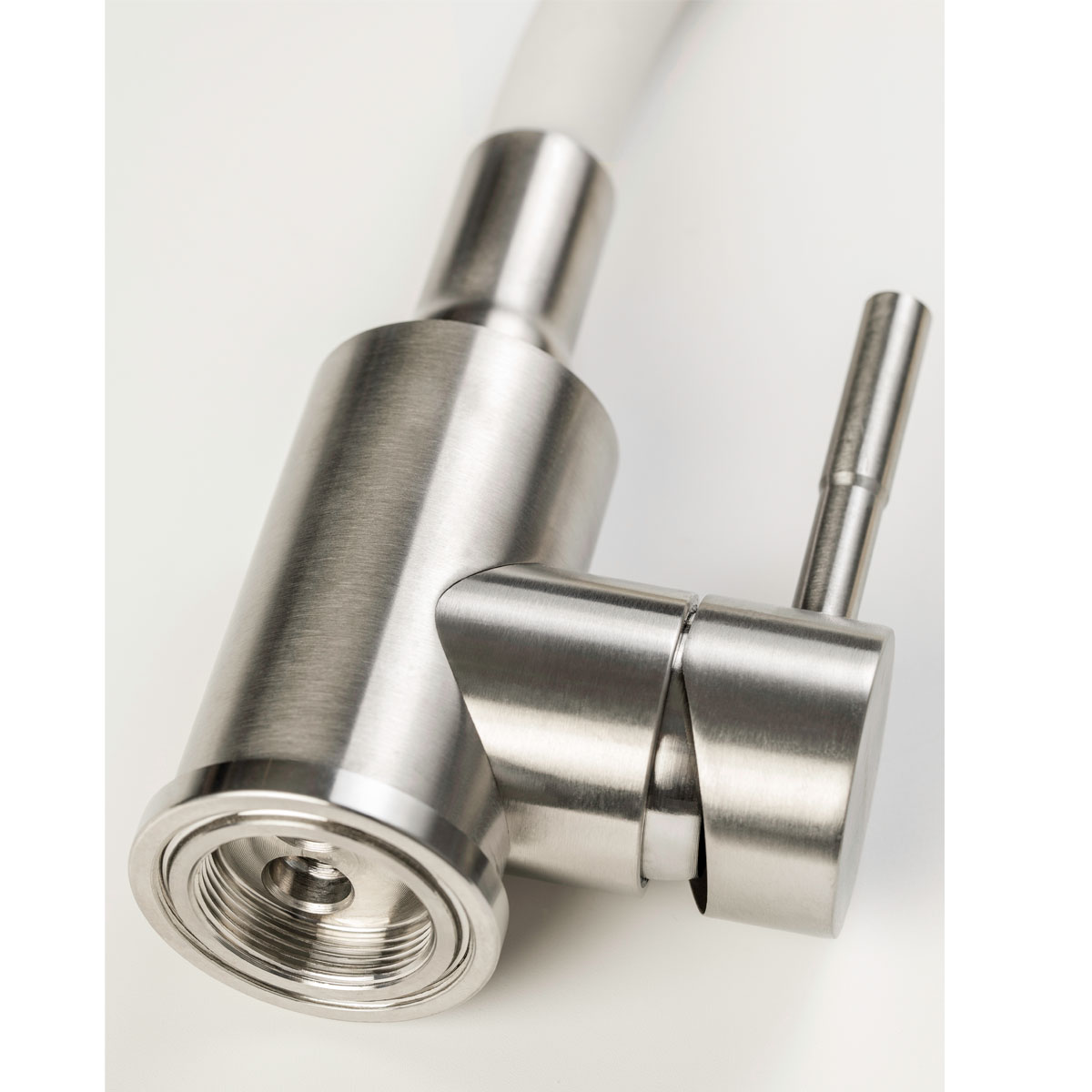 Фотография Смеситель кухня из нерж. ст. с гибким изливом с конической насадкой, белый VOLMAX