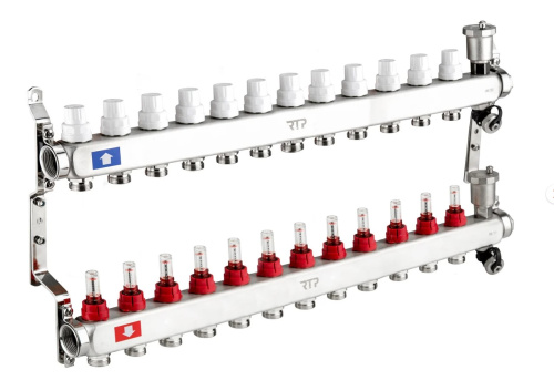 Коллекторная группа с регулирующими клапанами, расходомерами, воздухоотводчиками, обратными и дренажными клапанами, кронштейном (евроконус 3/4") нержавеющая сталь SUS 304 1"х 12 выходов, RTP