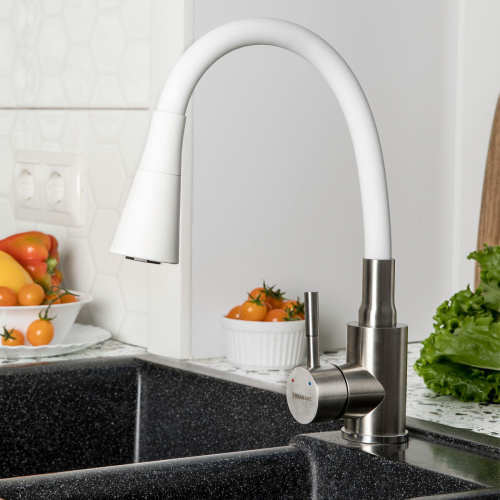 Смеситель кухня из нерж. ст. с гибким изливом с конической насадкой, белый VOLMAX
