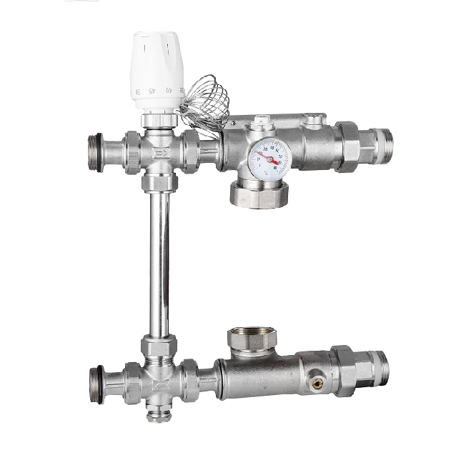 Фотография Насосно-смесительный узел с нижним подводом 1", латунь (CW617N) с никелированием ZEGOR, без насоса.