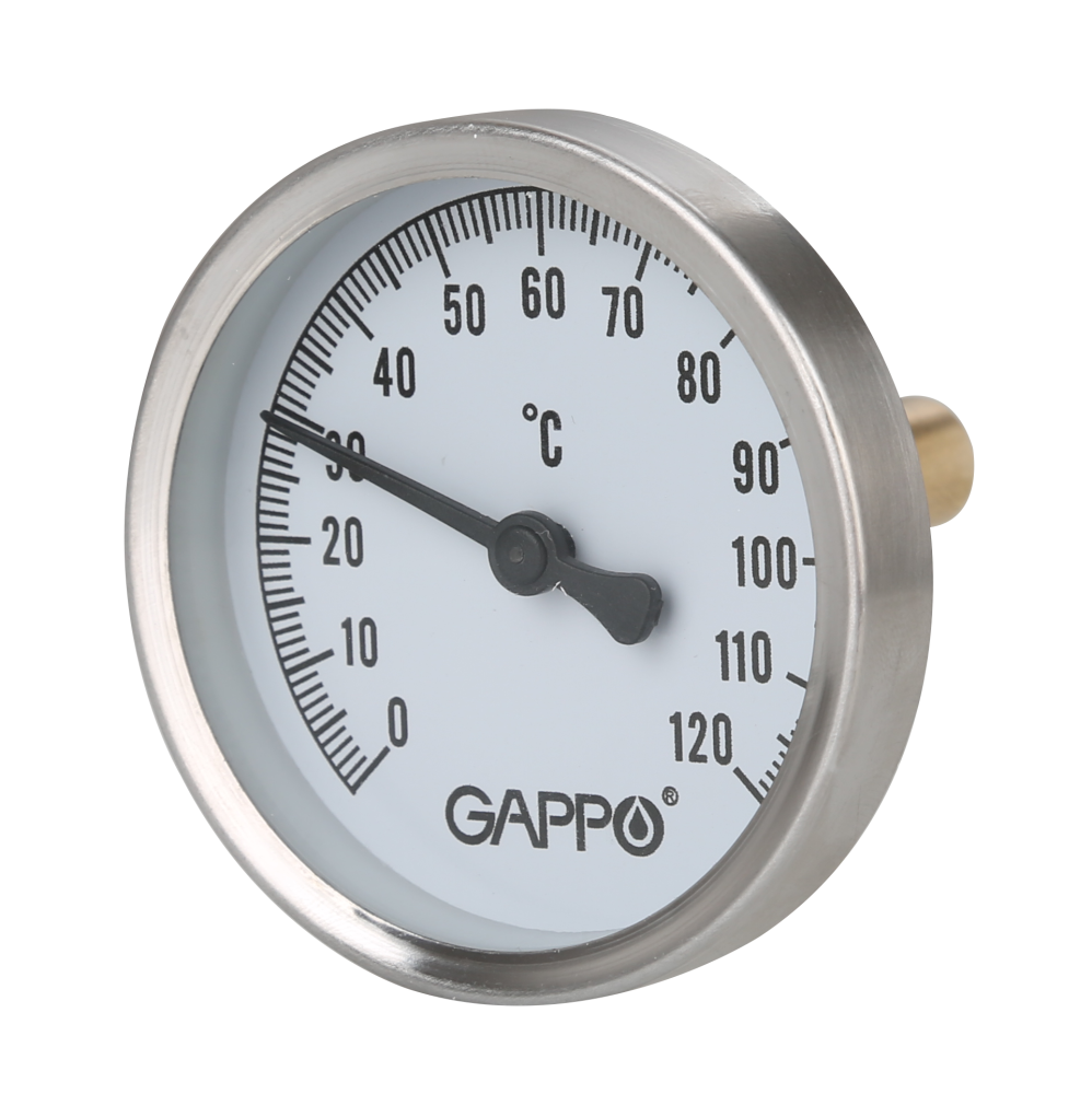 Фотография Термометр биметаллический 63 мм 0-120°C 1/2" GAPPO (с погружной гильзой) /50/5 шт.уп/