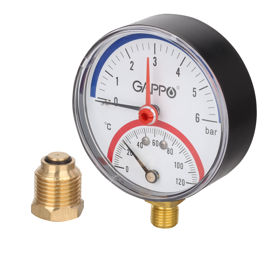 Фотография Термоманометр радиальный 80 мм 6 бар 0-120°C 1/2" GAPPO (с автомат. запорным клапаном) /60/5 шт.уп/