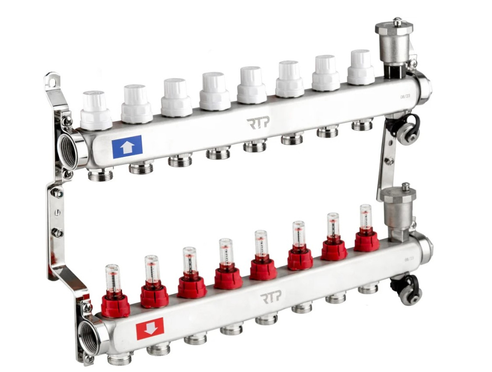 Фотография Коллекторная группа с регулирующими клапанами, расходомерами, воздухоотводчиками, обратными и дренажными клапанами, кронштейном (евроконус 3/4") нержавеющая сталь SUS 304 1"х 8 выходов, RTP