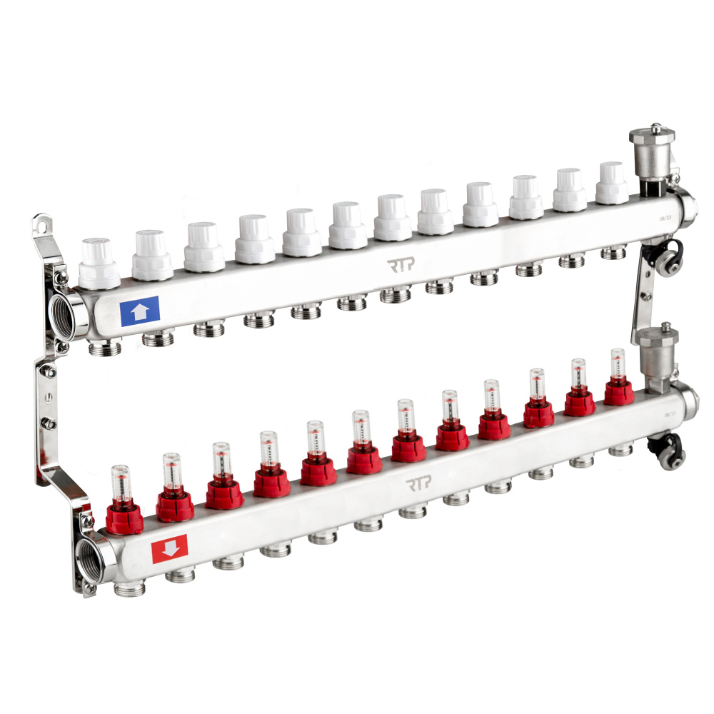 Фотография Коллекторная группа с регулирующими клапанами, расходомерами, воздухоотводчиками, обратными и дренажными клапанами, кронштейном (евроконус 3/4") нержавеющая сталь SUS 304 1"х 12 выходов, RTP