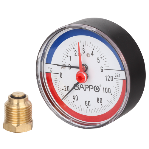 Термоманометр аксиальный 80 мм 6 бар 0-120°C 1/2" GAPPO (с автомат. запорным клапаном) /60/5 шт.уп/