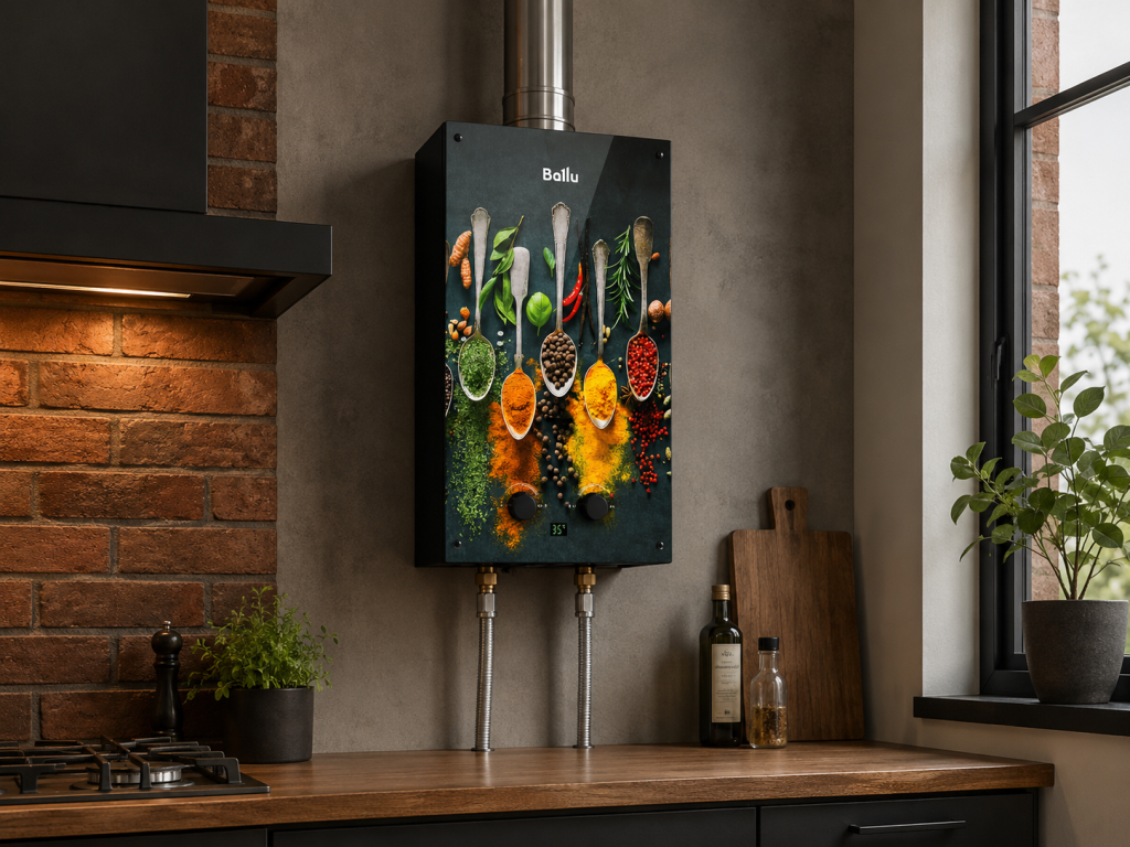 Газовая колонка GWH 10 Fiery Glass Curry BALLU в интерьере кухни.png