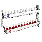 Коллекторная группа с регулирующими клапанами, расходомерами, воздухоотводчиками, обратными и дренажными клапанами, кронштейном (евроконус 3/4") нержавеющая сталь SUS 304 1"х 11 выходов, RTP