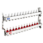 Коллекторная группа с регулирующими клапанами, расходомерами, воздухоотводчиками, обратными и дренажными клапанами, кронштейном (евроконус 3/4") нержавеющая сталь SUS 304 1"х 12 выходов, RTP
