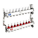 Коллекторная группа с регулирующими клапанами, расходомерами, воздухоотводчиками, обратными и дренажными клапанами, кронштейном (евроконус 3/4") нержавеющая сталь SUS 304 1"х 8 выходов, RTP